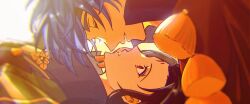 2boys black_hair blue_hair closed_eyes commentary_request facial_mark fire_emblem fire_emblem:_path_of_radiance fire_emblem_heroes forehead_mark highres ike_(fire_emblem) ike_(valentine)_(fire_emblem) iki_516 imminent_kiss male_focus multiple_boys nintendo official_alternate_costume red_eyes soren_(fire_emblem) soren_(valentine)_(fire_emblem) yaoi