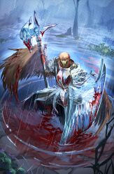1boy animal_head armor beak bird_boy blood bloody_weapon breastplate elden_ring elden_ring_nightreign feathered_wings guardian_(elden_ring) halberd holding holding_polearm holding_shield holding_weapon pauldrons polearm rain ripples shield shoulder_armor solo water weapon wings yellow_eyes yu-chi_(ahamma)