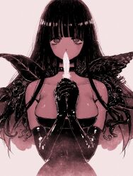 1girl asymmetrical_wings bare_shoulders breasts choker dress elbow_gloves feathered_wings feathers gloves holding holding_feather kikimetal large_breasts long_hair looking_at_viewer mismatched_wings original parody plant_wings sayonara_wo_oshiete solo straight-on strapless strapless_dress tendril upper_body wings