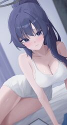 1girl absurdres bare_shoulders blue_archive blue_eyes blue_hair blush breasts camisole cleavage closed_mouth commentary halo highres large_breasts long_hair looking_at_viewer mechanical_halo no_pants ponytail sei_(0724sei6) solo thighs white_camisole yuuka_(blue_archive)