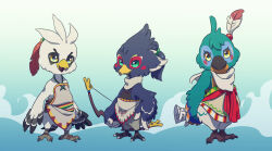 3boys absurdres aged_down animal_feet arms_at_sides arms_behind_back bandana bare_shoulders beak bird_boy bird_legs bird_tail black_fur blue_background blue_fur blue_hair blush_stickers body_fur bow_(weapon) child claws closed_mouth feather_hair_ornament feathers full_body furry furry_male gradient_background green_eyes grey_fur grey_shirt hair_ornament hand_on_own_hip highres holding holding_bow_(weapon) holding_paper holding_weapon kass legs_together looking_at_viewer male_focus multicolored_fur multiple_boys nintendo open_mouth paper ponytail red_feathers revali rito scroll sheet_music shirt short_hair simple_background smile standing tail teba_(zelda) the_legend_of_zelda the_legend_of_zelda:_breath_of_the_wild ukata v-shaped_eyebrows weapon white_bandana white_fur winged_arms wings yellow_eyes yellow_fur