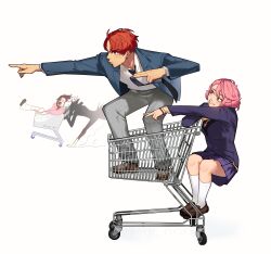 2boys 2girls absurdres artist_name ayase_momo black_jacket black_necktie black_pants blazer blue_jacket blue_skirt bob_cut bow bowtie brown_eyes brown_hair brown_shoes brown_sweater_vest collared_shirt commentary dandadan dress_shirt earrings enjoji_jin eyelashes full_body grey_pants head_tilt highres in_shopping_cart jacket jewelry loafers looking_at_another looking_up loose_socks mask messy_hair mouth_mask multicolored_hair multiple_boys multiple_girls necktie pants pink_eyes pink_hair pink_sweater pleated_skirt pointing pointing_forward pushing_cart red_bow red_bowtie red_hair red_streaks riding scared school_uniform serious shiratori_aira_(dandadan) shirt shoes shopping_cart short_hair shouting simple_background skirt socks squatting standing streaked_hair surprised sweater sweater_vest takakura_ken_(dandadan) takakura_ken_(transformed)_(dandadan) twitter_username v-shaped_eyebrows white_background white_hair white_shirt white_socks yuqi_non