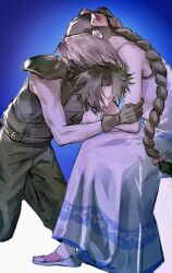 1boy 1girl aerith_gainsborough armor baggy_pants bare_shoulders black_hair black_pants black_sweater blue_background braid braided_ponytail brown_hair crisis_core_final_fantasy_vii dress feet_out_of_frame final_fantasy final_fantasy_vii flat4444 from_side gradient_background hair_ribbon hashtag-only_commentary highres leaning_on_person long_hair pants parted_bangs pink_ribbon ponytail ribbon sandals shoulder_armor sitting sleeveless sleeveless_dress sleeveless_turtleneck spiked_hair sweater turtleneck turtleneck_sweater white_dress zack_fair