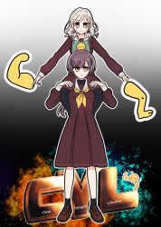 2girls ^_^ black_background black_pantyhose black_socks blue_eyes blue_fire blush brown_dress brown_shoes cardboard_cutout carrying ceras_yanagida_lilienfeld character_name closed_eyes closed_mouth commentary_request dress edel_note expressionless fire full_body gradient_background grey_hair hair_ribbon highres holding holding_cardboard_cutout initial jitome katsuragi_izumi link!_like!_love_live! loafers long_hair love_live! multiple_girls neckerchief notice_lines orange_eyes outline pantyhose pink_ribbon ribbon sailor_collar sailor_dress shoes shoulder_carry smile socks standing turtleneck v-shaped_eyebrows virtual_youtuber watage_modoki wavy_hair white_background white_outline white_sailor_collar wolf_cut yellow_neckerchief