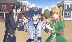 1girl 2boys 3boys :d belt black_hair black_pants blonde_hair blue_dress blue_eyes blue_hair blue_sky bow bowtie building choker cloud coat day double_bun dress gloves green_dress hair_bun hair_ribbon hand_mirror hat highres holding lan_ruobing layered_sleeves long_hair long_sleeves looking_at_another mirror multiple_boys multiple_girls necktie open_mouth outdoors pants pink_bow ponytail puffy_sleeves red_bow rei_kuin ribbon shirt short_sleeves sky smile standing tian_lei weapon ye_feng_(zhandou_wang_zhi_jufeng_zhan_hun) yellow_eyes zhandou_wang_zhi_jufeng_zhan_hun