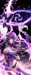 1girl armor arms_up artist_name asymmetrical_sleeves bitter_experience black_panties blue_pupils blunt_bangs blurry blurry_background breasts bridal_gauntlets cherry_blossoms cleavage closed_mouth clothing_cutout commentary_request electricity falling_petals floating_hair genshin_impact glowing glowing_sword glowing_weapon hair_floating_upwards hair_ornament highres holding holding_sword holding_weapon japanese_clothes katana kimono large_breasts light_frown long_hair looking_at_viewer mitsudomoe_(shape) multicolored_eyes neck_ribbon panties petals purple_eyes purple_hair purple_kimono raiden_shogun red_ribbon red_sash ribbon sash shade shoulder_armor shoulder_cutout solo standing sword thighhighs thighs tomoe_(symbol) twitter_username underwear uneven_sleeves weapon wide_sleeves