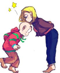 Rule 34 | 1boy, 1girl, android 18, bald, bald male, black eyes, blonde hair, blue eyes, blush, couple, dragon ball, husband and wife, kiss, kuririn, surprised, white background