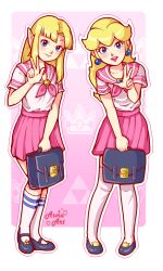Rule 34 | 2girls, asma art, bag, blonde hair, blue eyes, commentary, contemporary, earrings, english commentary, highres, holding, holding bag, jewelry, kneehighs, mario (series), miniskirt, multiple girls, nintendo, open mouth, pink serafuku, pink theme, pleated skirt, pointy ears, princess peach, princess zelda, school bag, school uniform, serafuku, skirt, smile, socks, super smash bros., the legend of zelda, the legend of zelda: a link between worlds, thighhighs, triforce, w, white socks, white thighhighs