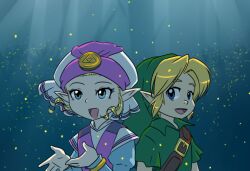 1boy 1girl ask-young-link belt belt_buckle blonde_hair blue_background blue_eyes blue_sleeves brown_belt buckle child commentary dress english_commentary green_hat green_tunic hat link long_sleeves nintendo open_mouth pink_dress pink_hat pointy_ears princess_zelda short_sleeves shoulder_belt sideways_glance smile the_legend_of_zelda the_legend_of_zelda:_ocarina_of_time tunic two-tone_dress two-tone_headwear upper_body white_dress white_hat young_link young_zelda