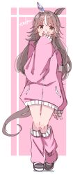 1girl :t absurdres animal_ears arlcn_(arlcn_1115) black_shoes brown_eyes brown_hair crossed_bangs ear_covers grey_hair hair_between_eyes hand_on_own_face hand_up highres horse_ears horse_tail jacket leg_warmers light_blush long_hair long_sleeves messy_hair multicolored_hair pink_jacket pink_leg_warmers shoes signature single_ear_cover sleeves_past_wrists solo tail umamusume very_long_hair white_hair wonder_acute_(umamusume)