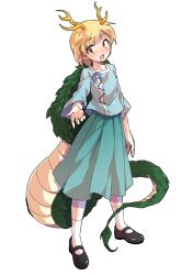 1girl alphes_(style) antlers aqua_skirt arm_at_side black_shoes blonde_hair blue_shirt blush collarbone commentary_request dairi dragon_girl dragon_tail full_body highres horns kicchou_yachie large_variant_set looking_at_viewer mary_janes open_mouth outstretched_arm parody reaching reaching_towards_viewer red_eyes shirt shoes short_hair skirt socks solo standing style_parody surprised tachi-e tail touhou transparent_background variant_set white_socks