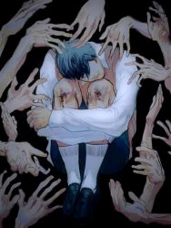 1boy black_background black_hair brown_vest bruise bruise_on_leg collared_shirt curled_up faceless full_body hand_on_another&#039;s_head head_tilt highres hugging_own_legs injury macaronijail male_focus oldest_dream omniscient_reader&#039;s_viewpoint on_ground out_of_frame reaching reaching_towards_another scraped_knee shirt short_hair sitting socks too_many_hands vest white_shirt white_socks