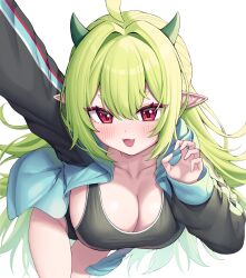 1girl absurdres ahoge bent_over black_sports_bra blush breasts cleavage commission fang green_hair green_horns hair_between_eyes highres horns jacket large_breasts long_hair long_sleeves looking_at_viewer metaljelly open_clothes open_jacket open_mouth original pointy_ears reaching reaching_towards_viewer red_eyes second-party_source simple_background smile solo sports_bra white_background