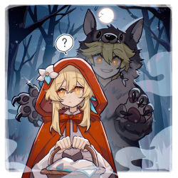 ? aether_(genshin_impact) animal_costume ayiiiyiii bare_tree basket blonde_hair brother_and_sister claws cloak flower full_moon genshin_impact highres holding holding_basket hood hood_up hooded_cloak little_red_riding_hood_(fairy_tale) long_sleeves lumine_(genshin_impact) moon night night_sky red_cloak shirt short_hair_with_long_locks siblings sky spoken_question_mark tree upper_body white_flower white_shirt wolf_costume yellow_eyes