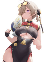 1girl absurdres ahoge black_dress blonde_hair braid breasts china_dress chinese_clothes clothing_cutout commentary_request dress eyewear_on_head fingerless_gloves gloves hand_fan highres holding holding_fan komugirakko large_breasts looking_to_the_side purple_eyes simple_background single_fingerless_glove sleeveless sleeveless_dress steaming_body sweety_(zenless_zone_zero) thigh_strap tinted_eyewear tuanshan twin_braids underboob_cutout white_background yellow-tinted_eyewear zenless_zone_zero