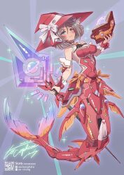 Rule 34 | 1girl, an-chang, blue eyes, book, commentary request, commission, covered navel, hat, highres, holding, holding book, mecha musume, mechanical tail, mermaid, monster girl, original, qr code, red hat, ribbon, short hair, signature, skeb commission, solo, staff, tail, thrusters, white ribbon, witch hat