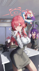 3girls absurdres aru_(blue_archive) black_skirt blue_archive blush breasts glove_pull gloves halo haruka_(blue_archive) highres hone_(hone_art) indoors large_breasts long_hair long_sleeves looking_at_viewer low_horns multiple_girls mutsuki_(blue_archive) open_mouth pink_halo purple_eyes purple_hair purple_halo red_halo shirt skirt smile solo_focus thighs white_gloves white_hair white_shirt