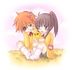 blush chibi child d.gray-man eyepatch kanda_yuu lavi lowres male_focus ponytail rubber_duck smile trap yaoi