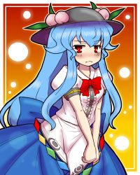 1girl :c blue_hair blush bow eruru_(erl) female_focus food framed fruit hat highres hinanawi_tenshi lights long_hair looking_at_viewer outside_border peach puffy_sleeves red_eyes shirt short_sleeves skirt solo tears touhou v_arms very_long_hair