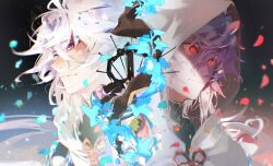 2boys dual_persona falling_petals fate/grand_order fate_(series) flower hair_between_eyes hanako_(onikutabetaiyo) hood hood_up hooded_robe long_hair male_focus merlin_(fate) multiple_boys petals purple_eyes red_eyes robe smile staff upper_body white_hair