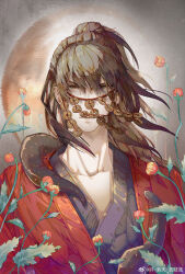 1boy black_hair black_hanfu brown_eyes brown_hair bud chinese_clothes closed_mouth coat coin coin_mask coin_on_string collarbone creature dao_gui_yi_xian floating_hair flower grey_background hair_between_eyes hair_bun half_updo hanfu highres holed_coin leaf li_huowang li_sui_(tentacles) long_hair looking_at_viewer male_focus mask mouth_veil plant ponytail r-jiutian red_coat red_flower robe single_hair_bun solo tentacles upper_body veil watermark weibo_watermark wind