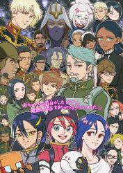 3kaku_mimi 6+boys 6+girls amate_yuzuriha annqi aqua_eyes atharv beanie beard benowa black_eyes black_hair blonde_hair blue_eyes blue_hair blush brown_eyes brown_hair challia_bull char_aznable character_request collared_shirt colored_inner_hair commentary comoli_harcourt conch_(gundam) dark-skinned_female dark-skinned_male dark_skin deux_murasame dog dren_(gundam) everyone eye_mask facial_hair gates_capa glasses green_hair gundam gundam_gquuuuuux haro hat helmet highres jacket jezzi kaine_(gundam) kanchana kowal_(gundam) kycilia_zabi lalah_sune long_hair long_sleeves looking_at_viewer m&#039;quve mask mecha_pilot_suit military_jacket military_uniform mouth_mask mulligan_(gundam) multicolored_hair multiple_boys multiple_girls mustache nabu_(gundam) necktie non-humanoid_robot nyaan_(gundam_gquuuuuux) one_eye_closed open_mouth orange_hair osillo pom_pom_(clothes) pom_pom_beanie purple_eyes purple_hair rassit red_eyes red_hair robot school_uniform sepha_(gundam_gquuuuuux) shiiko_sugai shirt short_hair shuji_ito simus_al_bakharov smile sweatdrop sweater tangi_(gundam) two-tone_hair v vani_(gundam) white_hair xavier_olivette