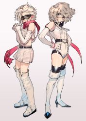 2girls bare_shoulders belt black_belt boots breasts bukimi_isan character_request commentary eye_mask from_side full_body gloves goggles grey_background grey_hair hands_on_own_hips hands_up high_heel_boots high_heels looking_at_viewer multiple_girls multiple_views own_hands_clasped own_hands_together red_scarf scarf short_hair shy_(character) shy_(series) simple_background skirt small_breasts thigh_boots thighhighs white_footwear white_gloves white_hair white_legwear white_skirt