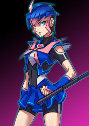 1girl ahoge arcee arcee_(prime) autobot bike_shorts bike_shorts_under_skirt black_hair blue_eyes blue_hair contrapposto female_focus gradient_background gradient_hair highres holding holding_weapon matching_hair/eyes miniskirt multicolored_hair personification pink_background pink_hair profile ryuusei_(mark_ii) serious short_hair shorts shorts_under_skirt skirt solo standing tonfa transformers transformers_prime turtleneck weapon