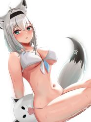 1girl absurdres ahoge animal_ear_fluff animal_ear_piercing animal_ears arms_behind_back bare_shoulders bikini black_hairband blush braid breasts cleavage fox_ears fox_girl fox_tail green_eyes hair_between_eyes hairband highres hololive large_breasts long_hair navel open_mouth pentagram shirakami_fubuki simple_background sky sohachi solo stomach swimsuit tail virtual_youtuber wet white_background white_bikini