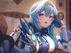 1girl artist_name black_gloves black_hairband blue_hair blue_necktie blush breast_press breasts commentary_request cup dated eula_(genshin_impact) genshin_impact gloves hairband hand_up highres holding holding_cup indoors large_breasts looking_ahead looking_to_the_side medium_hair necktie nmaywo open_mouth purple_eyes solo tankard tavern teeth upper_body upper_teeth_only vision_(genshin_impact)