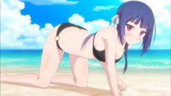 10s 1girl all_fours beach bikini black_bikini blush bow butt_crack female_focus hair_bow hair_ornament hair_ribbon kinoshita_ringo_(no-rin) long_hair looking_at_viewer no-rin o-ring o-ring_bikini ocean outdoors purple_eyes purple_hair ribbon screencap shiny_skin sky solo straight_hair swimsuit water