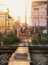 Rule 34 | 1boy, 1girl, aged down, antenna hair, arm up, backpack, bag, black eyes, black hair, black shirt, black shoes, black sweater vest, bright pupils, brother and sister, brown shorts, closed eyes, closed mouth, collared shirt, day, highres, long hair, looking at viewer, mari (faraway) (omori), mari (omori), maromichan, neckerchief, omori, open mouth, outdoors, photo background, pleated skirt, railroad crossing, railroad tracks, red neckerchief, red skirt, shirt, shoes, short hair, short sleeves, shorts, siblings, skirt, smile, socks, sunny (omori), sweater vest, t-shirt, teeth, upper teeth only, white pupils, white shirt, white socks