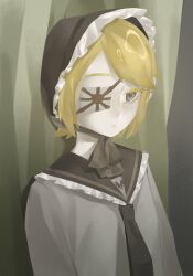 1girl alternate_eye_color black_bonnet black_necktie black_sailor_collar blonde_hair bonnet chin_strap closed_mouth curtains expressionless eyepatch frilled_bonnet frilled_sailor_collar frills grey_eyes grey_shirt highres kagamine_rin kagamine_rin_(ni_no_sakura_kouchou) looking_ahead moonmart necktie print_eyepatch rising_sun_flag sailor_collar senbonzakura_(vocaloid) shirt short_hair solo sunburst upper_body vocaloid
