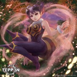 1girl antennae arthropod_girl black_eyes branch breasts bush capcom compound_eyes darkstalkers darkstalkers_3 extra_eyes fireflies flower food highres honey honeycomb_(object) insect_wings knee_spikes leotard looking_at_viewer medium_breasts mizore_akihiro monster_girl no_pupils official_art plant purple_hair q-bee squatting teppen tree wings