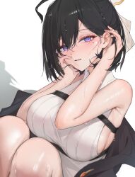 1girl absurdres amco armpit_crease atelier_(series) atelier_yumia black_hair blush breasts commentary_request fingernails hair_between_eyes hands_on_own_cheeks hands_on_own_face highres knees_up large_breasts looking_at_viewer mole mole_under_eye open_mouth purple_eyes shirt short_hair simple_background sleeveless sleeveless_shirt solo wet wet_face wet_hair white_background white_shirt yumia_liessfeldt