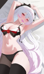 1girl absurdres armpits arms_up black_bra black_panties black_thighhighs bra breasts commentary_request condom condom_in_mouth evil_king highres honkai_(series) honkai_impact_3rd incredibly_absurdres large_breasts long_hair looking_at_another lying mouth_hold navel on_back on_bed panties red_eyes solo stomach theresa_apocalypse theresa_apocalypse_(luna_kindred) theresa_apocalypse_(lunar_vow:_crimson_love) thighhighs thighs underwear very_long_hair white_hair