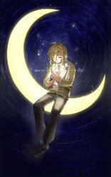 1boy black_pants black_shoes blonde_hair closed_eyes closed_mouth collared_shirt crescent_moon full_body grey_jacket hair_between_eyes highres jacket male_focus moon necktie ni_22 nijisanji pants red_necktie shirt shoes sitting solo star_(sky) star_(symbol) uzuki_kou uzuki_kou_(3rd_costume) virtual_youtuber white_shirt