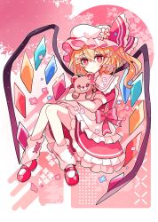1girl blonde_hair blush bright_pupils closed_mouth commentary_request crystal_wings dress flandre_scarlet frilled_dress frilled_ribbon frills full_body hair_between_eyes hair_ornament hair_ribbon hairclip hat highres hugging_object looking_at_viewer mob_cap multicolored_wings outline pink_hat puffy_short_sleeves puffy_sleeves red_dress red_eyes red_ribbon red_shoes ribbon shirocha_tei shoes short_hair short_sleeves socks solo stuffed_animal stuffed_toy teddy_bear touhou twitter_username white_outline white_pupils white_socks wings