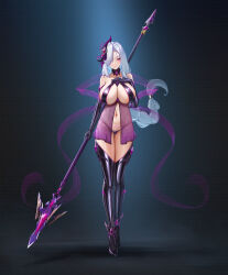 1girl absurdres alternate_costume black_boots black_panties boots braid breasts collarbone corruption dark_persona elbow_gloves full_body genshin_impact gloves hair_over_one_eye hand_on_own_chest heart heart_tattoo highres holding holding_polearm holding_weapon huge_breasts jewelry long_hair looking_at_viewer navel panties polearm pubic_tattoo purple_eyes revealing_clothes ring see-through_clothes shenhe_(genshin_impact) single_braid sky_wbo solo tattoo thigh_boots underwear variant_set very_long_hair weapon wedding_ring white_hair