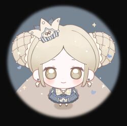 1girl argyle_bow argyle_bowtie argyle_clothes baonu_de_zhanshen_caibutou beads black_border black_shoes blonde_hair blue_dress border bow bowtie brown_eyes bun_cover chess_piece chibi chinese_commentary classic_lolita closed_mouth commentary_request crown double_bun dress earrings eyelashes fishnets frilled_dress frills from_above hair_beads hair_bun hair_ornament hallway happy heart highres indoors infinity_nikki jewelry juliet_sleeves light_blush lolita_fashion long_dress long_sleeves mini_crown necklace nikki_(series) puffy_sleeves round_border shadow shoes short_hair sleeves_past_wrists smile solo sparkling_eyes standing straight-on striped_clothes striped_dress stud_earrings the_queen&#039;s_move_(infinity_nikki) vertical-striped_clothes vertical-striped_dress white_bow white_bowtie white_crown