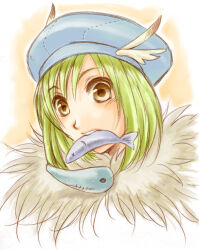 1girl alchemist_(ragnarok_online) beret blue_hat commentary_request fish_in_mouth fur_collar green_hair hat hat_feather minamikaze_natsu open_mouth portrait ragnarok_online short_hair solo upper_body yellow_eyes