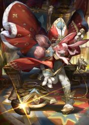 &gt;:) animal_ears bad_id bad_twitter_id blue_eyes blunt_bangs boots card chain claws denchou furry glint highres original pink_hair pope rabbit_ears rabbit_girl robe sidelocks solo staff star_(symbol) star_print tarot tarot_card the_hierophant_(tarot) v-shaped_eyebrows wide_sleeves