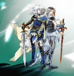 2boys aria_(glamorousgossip) arm_guards armlet armor back-to-back bandana bishounen black_bodysuit blue_armor blue_bandana blue_cape blue_eyes blue_footwear bodysuit boots brown_eyes cape dissidia_final_fantasy fake_horns final_fantasy final_fantasy_i final_fantasy_ii firion floating_cape floating_hair forehead_jewel full_body gem gold_trim helmet holding holding_helmet holding_sword holding_weapon horned_helmet horns jewelry knee_boots male_focus multiple_boys orange_bandana parted_lips red_gemstone short_hair shoulder_spikes spikes standing sword unworn_headwear waist_cape warrior_of_light_(ff1) weapon white_cape white_hair wrinkled_frown_(detective_pikachu)