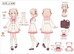 1girl asumi_shuo black_footwear blonde_hair blue_eyes braid reference_sheet child collared_dress crossed_bangs dot_nose double-parted_bangs double_bun dress flat_chest frilled_dress frills full_body gradient_hair green_ribbon hair_bun hair_ribbon highres kneehighs light_blush looking_at_viewer low_twin_braids mary_janes medium_hair multicolored_hair neckerchief parted_lips pink_hair pink_neckerchief pleated_dress ribbon shiromikan shoes short_dress simple_background sleeves_past_wrists socks standing stuffed_animal stuffed_toy teddy_bear translation_request twin_braids voicepeak white_background white_dress white_socks
