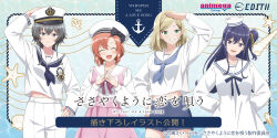 4girls anime_coloring artist_request asanagi_yori beret black_bow black_hair blue_eyes blue_hair blue_neckerchief blue_shorts bow clenched_teeth closed_eyes commentary_request company_name copyright_logo copyright_name copyright_notice cross dress english_text green_eyes hair_between_eyes hair_ribbon hat highres izumi_shiho kino_himari long_hair looking_at_viewer midriff mizuguchi_aki mole mole_under_eye multiple_girls navel neckerchief official_art one_side_up open_mouth orange_hair pants pink_skirt ribbon sailor_collar salute sasayaku_you_ni_koi_wo_utau shirt shorts sidelocks skirt teeth translation_request white_dress white_hat white_pants white_sailor_collar white_shirt wolf_cut