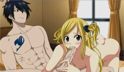 1boy 1girl ass blonde_hair blush brown_eyes fairy_tail fellatio gray_fullbuster long_hair lucy_heartfilia nude oral penis