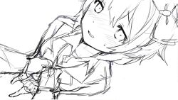 Rule 34 | 1boy, 1girl, adjusting another&#039;s clothes, arms at sides, blazer, blush, bow, breasts, collarbone, collared shirt, commentary, doki doki literature club, doki doki literature club plus, doki doki literature club school uniform, dot nose, double-parted bangs, dress shirt, dutch angle, embarrassed, english commentary, flustered, foreshortening, from above, full body, furrowed brow, game cg, greyscale, grin, hair bow, half-closed eyes, highres, jacket, kneehighs, long eyelashes, long sleeves, looking at another, looking at viewer, medium breasts, miniskirt, monochrome, neck ribbon, nervous, nervous smile, non-web source, nose blush, official art, own hands together, pleated skirt, pov, pov hands, production art, protagonist (doki doki literature club), raised inner eyebrows, ribbon, satchely, sayori (doki doki literature club), school uniform, shirt, short hair, sidelocks, simple background, sketch, skirt, small sweatdrop, smile, socks, solo focus, standing, sweater vest, thick eyelashes, unfinished, wavy hair, white background, wing collar