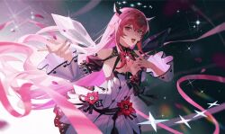 1girl armpits asymmetrical_wings beckoning breasts brooch chest_bow cleavage cleavage_cutout clothing_cutout crystal_wings demon_horns detached_sleeves double_halo dress earrings eyelashes flower glint hair_between_eyes halo halterneck hashtag-only_commentary headset heterochromia highres hololive hololive_english horns irys_(hololive) irys_(irys_2.0)_(hololive) jewelry juliet_sleeves long_hair long_sleeves looking_at_viewer mismatched_wings music open_mouth pointy_ears puffy_sleeves red_flower red_hair red_nails ribbon short_dress sidelocks singing sleeveless sleeveless_dress solo sparkle star_halo three_quarter_view very_long_hair virtual_youtuber white_dress wide_sleeves wings xiisalt