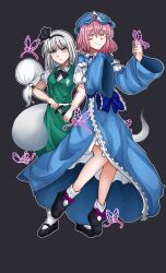 2girls black_background black_hairband black_shoes blue_hat blue_kimono bug butterfly butterfly_on_hand closed_mouth frilled_kimono frills full_body ghost green_eyes green_skirt green_vest grey_hair hairband hashtag-only_commentary hat highres holding holding_sword holding_weapon insect japanese_clothes kimono konpaku_youmu konpaku_youmu_(ghost) mob_cap multiple_girls pink_eyes saigyouji_yuyuko shoes short_hair simple_background skirt socks sword tohl1ve_r10 touhou triangular_headpiece vest weapon white_socks