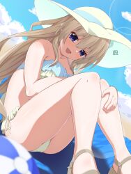 1girl 9-nine- :d alternate_costume ball bare_legs bare_shoulders beach beachball bikini blanket blue_bikini blue_eyes blue_sky blurry blush brown_hair cloud commentary_request day depth_of_field dutch_angle eyes_visible_through_hair feet_out_of_frame frilled_bikini frills hair_between_eyes happy hat highres knees_together_feet_apart knees_up kujou_miyako lens_flare long_hair looking_at_viewer multicolored_bikini open_mouth outdoors sandals side-tie_bikini_bottom sidelocks signature sitting sky smile solo sun_hat swimsuit thighs tsue_(surutsue) two-tone_bikini very_long_hair white_bikini white_hat